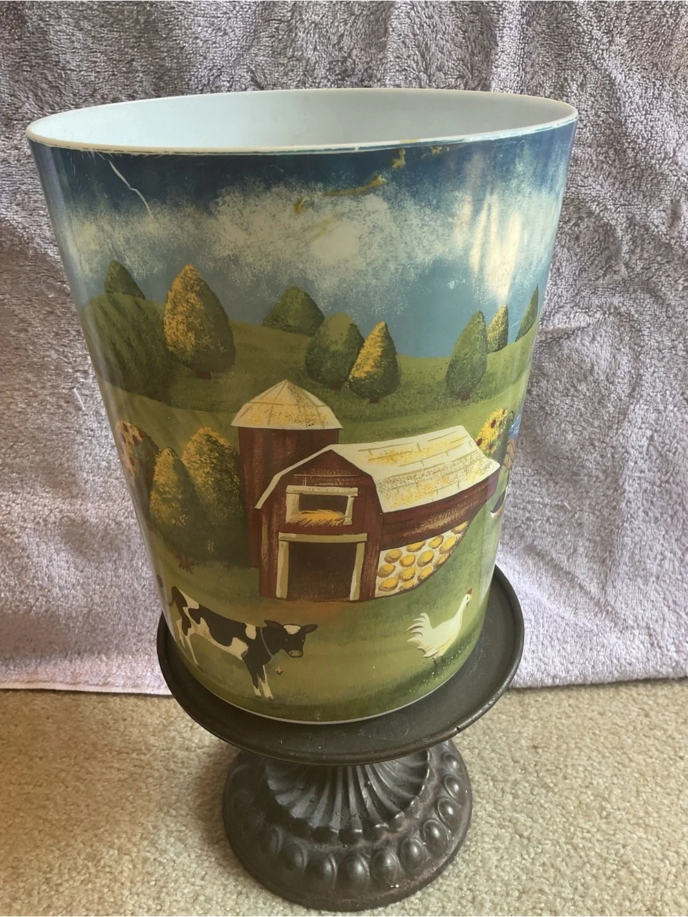 Farmhouse Scene Decorative Wastebasket - Blue/Green